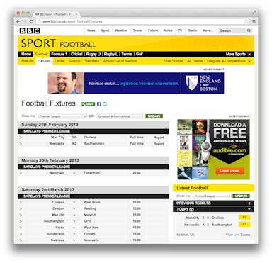 Screenshot of BBC's fixtures list.