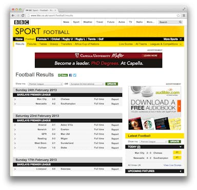 Screenshot of BBC's football match results list.