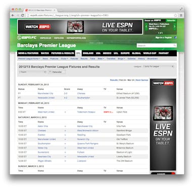 Screenshot of ESPN's fixtures list.