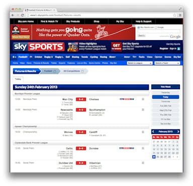 Screenshot of Sky's football match results list.