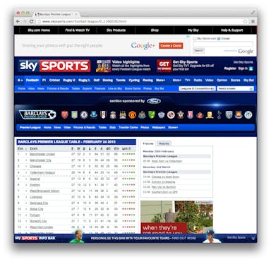 Screenshot of Sky's football standings table.